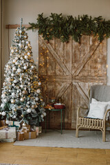 Blurred texture with christmas balls on the Christmas tree, Happy New Year