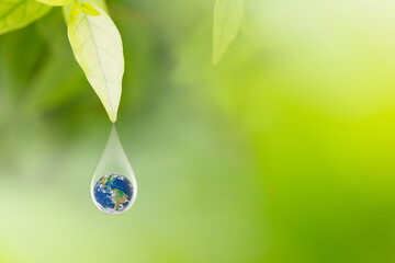 Earth in water drop under green leaf, International Earth Day and World Environment Day Concept,...