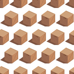 Fototapeta premium Isometric illustration of a vector cargo 3d brown wooden box with transportation symbols. Turned to the side. Seamless pattern. Warehouse storage.