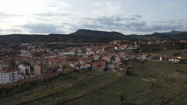 Aerial views from Mora de Rubielos, Teruel, Arag&oacute;n, Spain. Drone views from Mora de Rubielo's Town on the sunset.