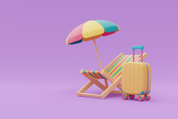 Yellow suitcase with colorful beach chair and umbrella,Tourism and travel plan to trip concept,holiday vacation,summer time,3d rendering