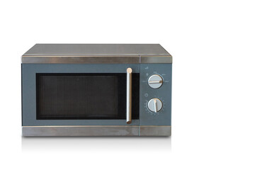 front view old grey and silver microwave oven on white background, decor, technology, fashion, copy space