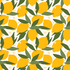 Naklejka na ściany i meble juicy lemons scattered in a chaotic manner. flat endless illustration with citrus fruits. whole lemons with leaves and flowers. delicious print.