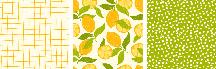 set of patterns with juicy citrus fruits, lines and dots. cute seamless pattern for kitchen towels. abstract hand drawn patterns