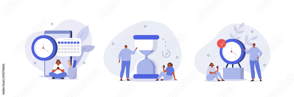 Wall mural Schedule planning illustration set. Characters managing work tasks and deadline time using calendar. Time management and organization concept. Vector illustration.