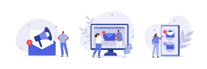 E-mail marketing and promotion illustration set. Characters sending advertising mails and promotional offers with sales and discounts. Ecommerce business concept. Vector illustration.
