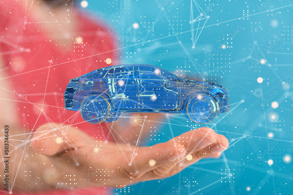 Poster Autonomous car with HUD graphic of Navigation system driving