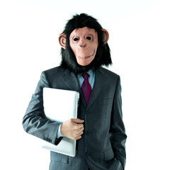 Businessman with head of monkey on white background