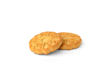 Pile of round cookies for tea isolated on white background.
