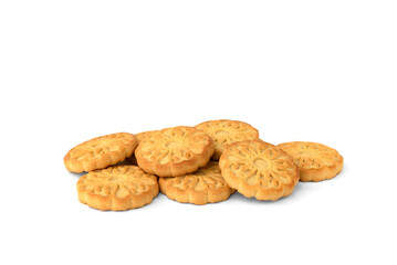 Pile of round cookies for tea isolated on white background.