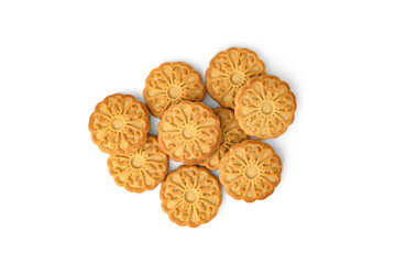 Pile of round cookies for tea isolated on white background.