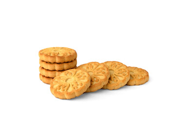 Pile of round cookies for tea isolated on white background.