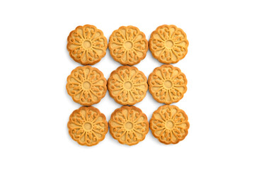 Pile of round cookies for tea isolated on white background.