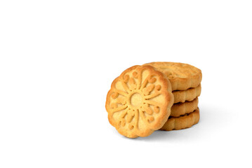 Pile of round cookies for tea isolated on white background.