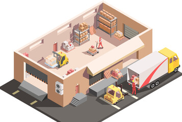 Isometric warehouse, storehouse, indoor, inside interior. Storage building, workers load goods, truck, loader, cargo car. Racks, boxes, shelves. Work logistic, delivery process. Vector illustration