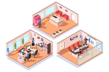 Isometric office indoor, building. People work inside cabinets. Isometry cartoon office. Company workplace. Corporation inside. Official workplace, co-working. Vector illustration