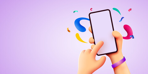 Holding phone in two hands. Phone mockup. Color explosion. Touching screen with finger.