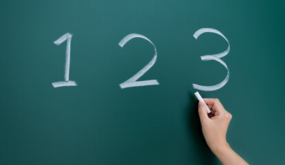Handwriting numbers 1 2 3 chalk on blackboard