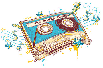 Old school sound - drawn colorful music audio cassette design