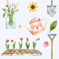 Seamless watercolor pattern with garden elements. Flowerbed tullips,  shovel, watering can, bouquet flowers. Suitable for decorating wrapping paper, scrapbooking, textiles, fabrics, and other designs. © Anastasiia