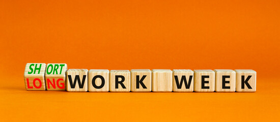 Short or long work week symbol. Turned wooden cubes and changed concept words Long work week to Short work week. Beautiful orange background. Business short or long work week concept. Copy space.