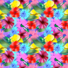 Fototapeta na wymiar Hand painted blurred flowers. Watercolor botanical illustration. Seamless pattern.