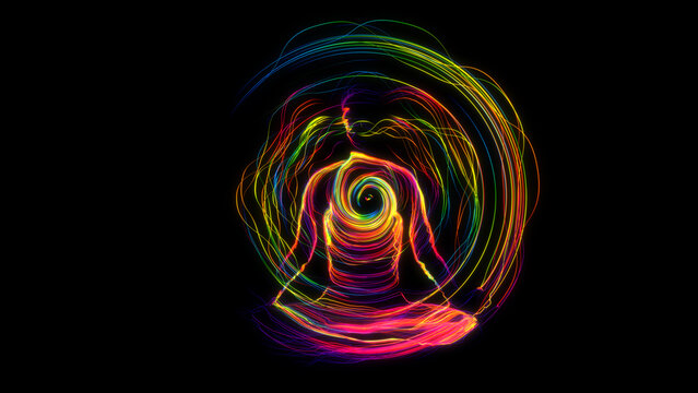 3d illustration multicolored energies create the body of a meditating person
