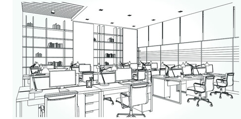 interior outline sketch drawing perspective of a space office.Workplaces . Tables, chairs and windows. Vector illustration in a sketch style.