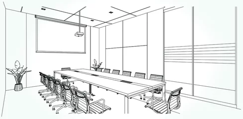 Foto op Canvas interior outline sketch drawing perspective of a space office.Workplaces . Tables, chairs and windows. Vector illustration in a sketch style. © anon