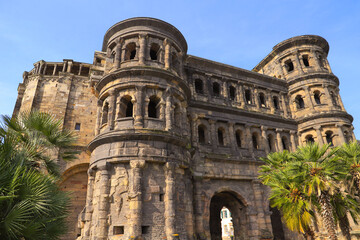 Naklejka premium View at the Black Gate (Porta Nigra ) a roman city gate in Trier - Germany
