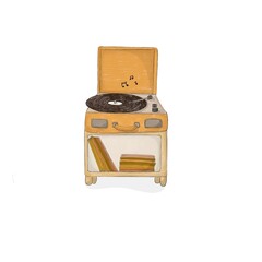 Yellow turntable with shelf at the bottom