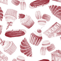 Seamless watercolor hand drawn pattern with lots of french desserts as cupcakes, croissants, fraisiers, eclairs and colored macarons in monochrome colors. Hand painted design elements