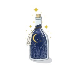 Magic bottle with branches plants moon and stars inside on white background