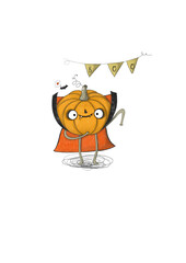 Halloween pumpkin in vampire costume dancing with a bat