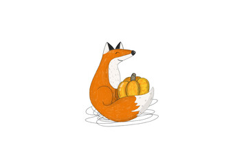 Red fox sits with its tail wrapped around an orange pumpkin