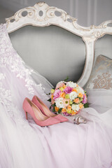 Elegant wedding accessories of the bride in the morning on the day of the celebration.