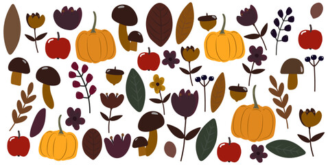 Hello Autumn background. Autumn composition of leaves, pumpkins, mushrooms, apples, flowers and berries. Harvest season. Thanksgiving Day. Halloween

