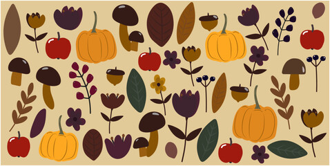 Hello Autumn background. Autumn composition of leaves, pumpkins, mushrooms, apples, flowers and berries. Harvest season. Thanksgiving Day. Halloween
