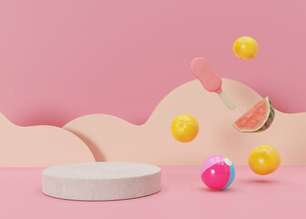 Podium mock up for product, cosmetic presentation. Summer, vacation mood. Orange, watermelon, ice cream on pink background. Pedestal, platform, stage. Empty scene with copy space. 3D rendering.