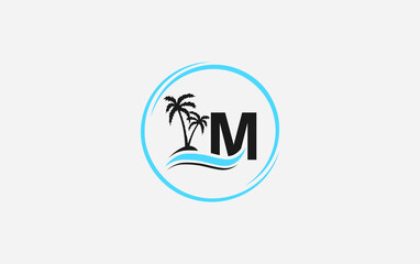 Nature water wave and beach tree vector art logo design with the letter and alphabet M