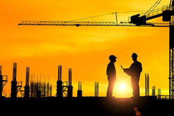 Silhouette of engineer explaining the construction worker to the building plan for the correct...