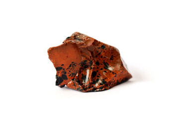 Macro shooting raw specimen of red ocher gemstone rock isolated on white background.
