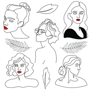 pack female linear woman red lips line leaves set