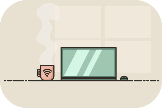 Laptop with computer mouse, cup on the table. Background light from the window. A sour drink in a cup with a wi-fi symbol. Steam from a mug. Cozy cafe, homely atmosphere.