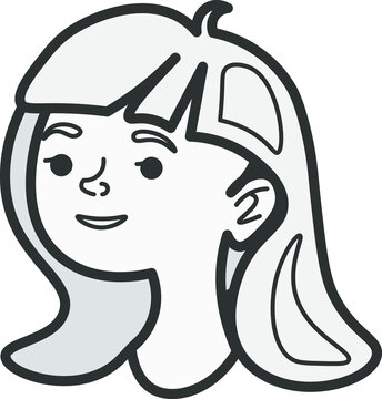 Girl face. Cartoon flat linear style. Schoolgirl, child, teenager. Cheerful smiling face. Shades of gray.