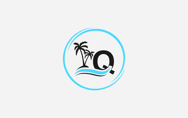 Nature water wave and beach tree vector art logo design with the letter and alphabet Q