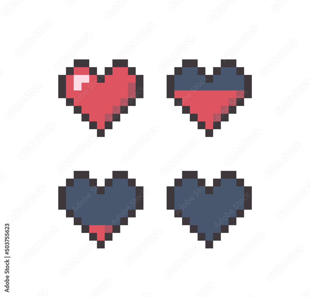 Poster cartoon color pixel heart sign icon set flat design style concept. vector illustration of empty and 