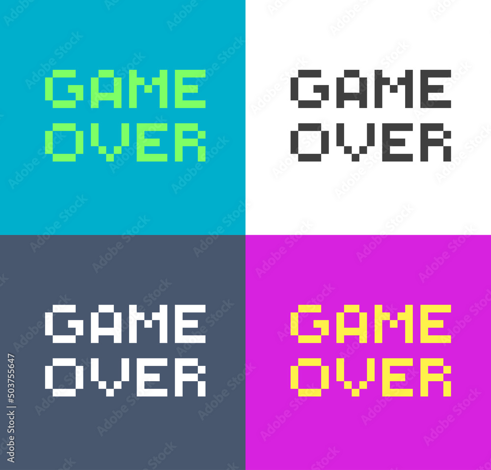 Poster Cartoon Color Pixel Game Over Inscription Set on a Different Background Flat Design Style Concept. Vector illustration