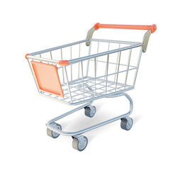 3d Metal Shopping Cart Plasticine Cartoon Style Isolated on a White Background. Vector illustration of Trolley Market