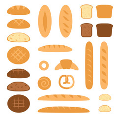 Set of bread on a white background in the cartoon style. Fresh and testy rye and wheat bread, croissant, pretzel, bagel, roll, toast bread, baguette.